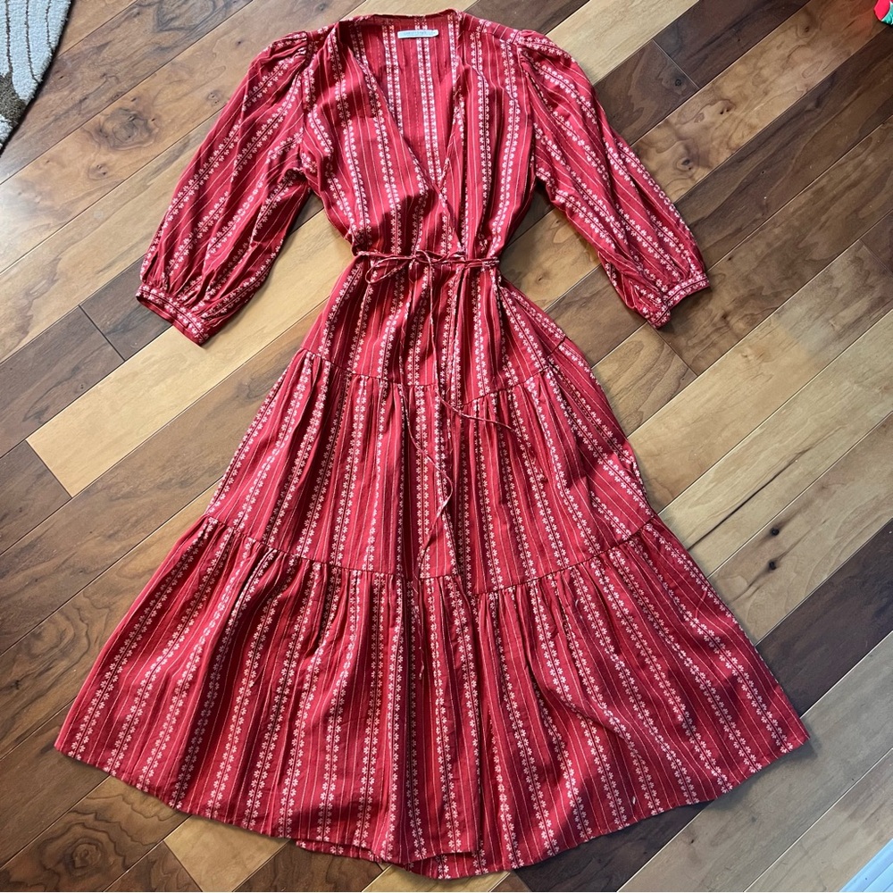 Christy Dawn Noah Wrap Dress in Hibiscus Zinnia Stripe (EUX, Size XL)